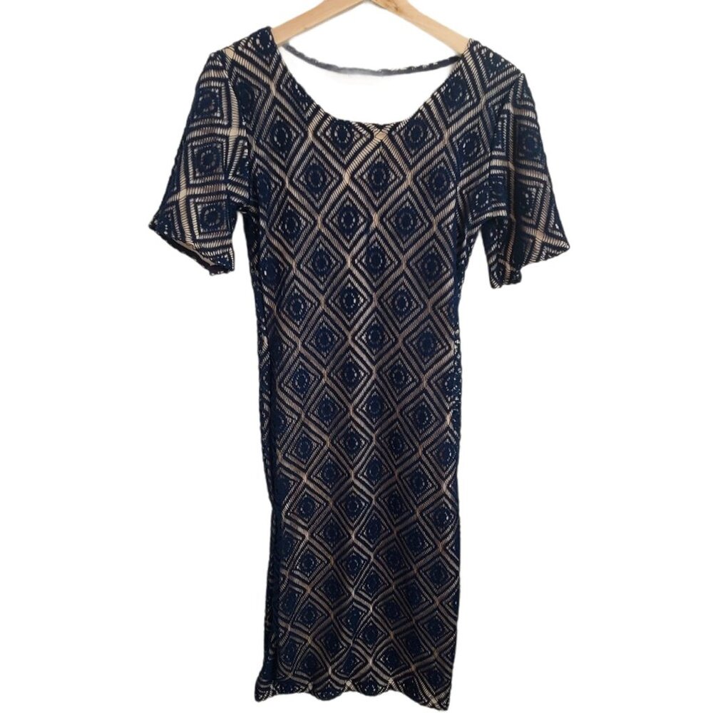 Junie Blake Dress Juniors Medium Navy Cream Sheath Midi Short Sleeve Embroidered